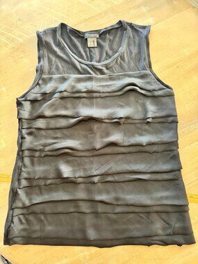 Ann Taylor Ruffled Tank Top Sleeveless Black Satin Front Womens Medium